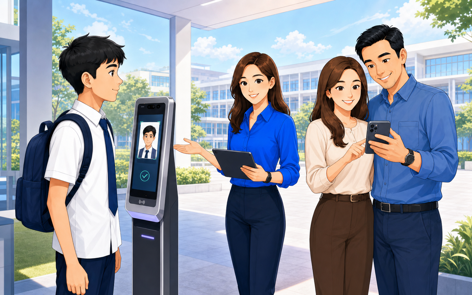 A student checking in while a teacher and parents stay connected through Sekolahhub